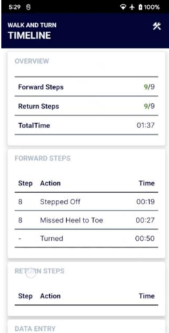 Evidex mobile summary screen showing the Walk and Turn timeline — forward steps, return steps, total time, and each individual action with its timestamp