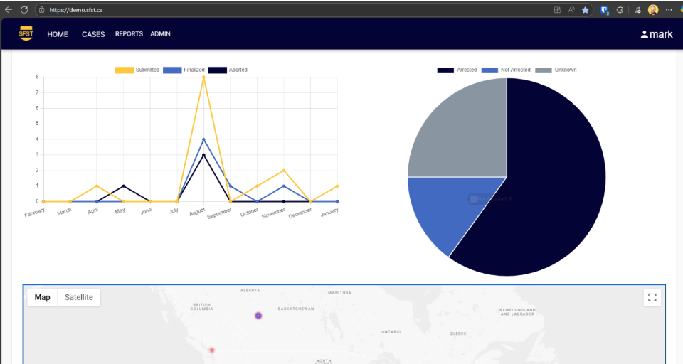 Evidex insights dashboard showing a line chart of submitted, finalised, and aborted stops over 12 months, a pie chart of arrested versus not arrested outcomes, and a geographic map of stop locations